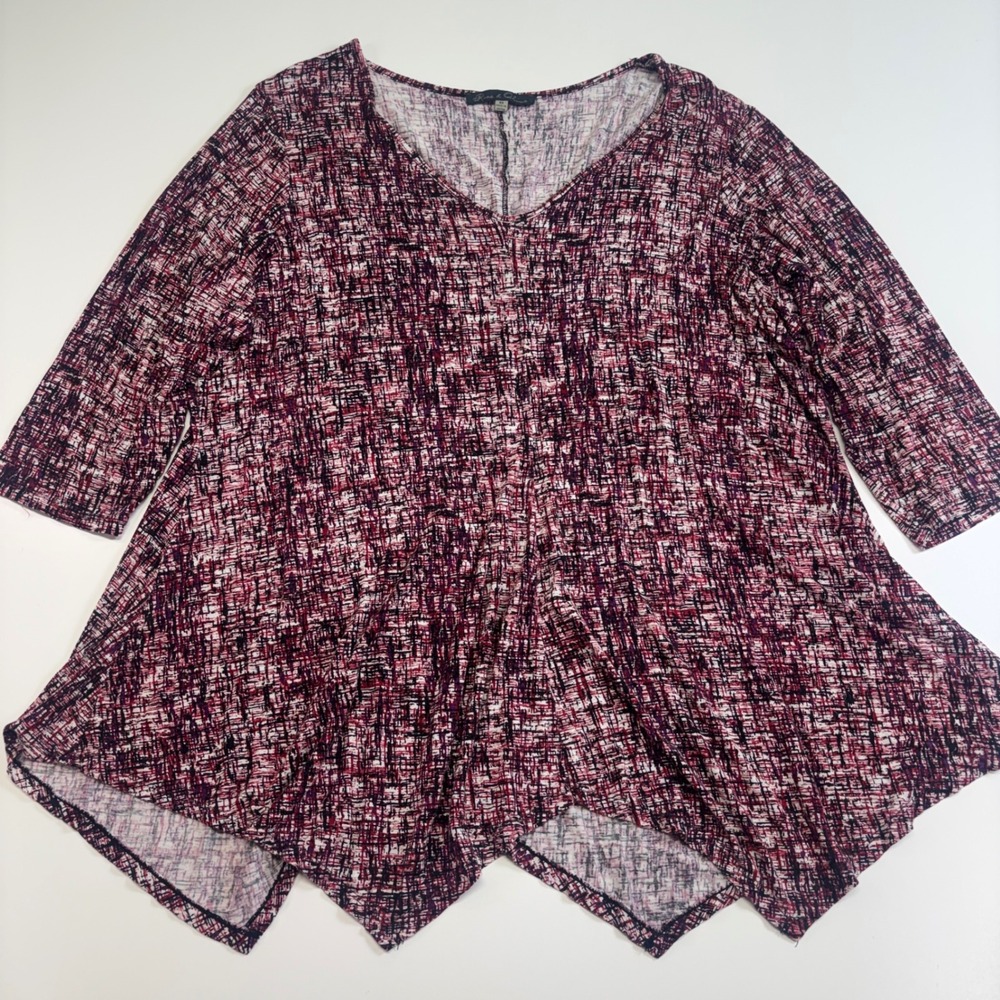 Rose & Olive 3X Sharkbite Tunic Top Purple Abstract Print 3/4 Sleeve Plus